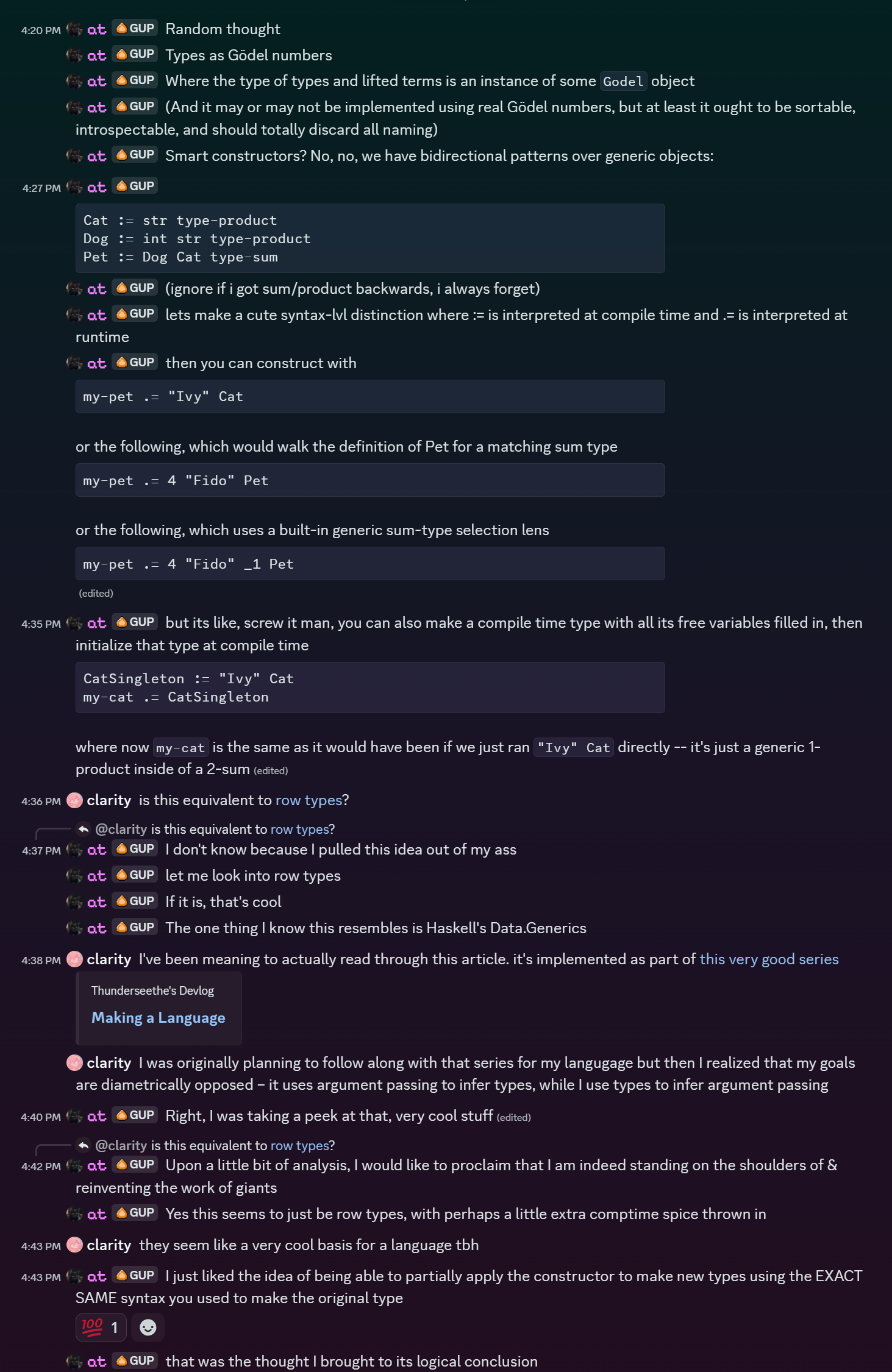 Big ol discord screenshot that essentially amounts to me reinventing row types from first principals
